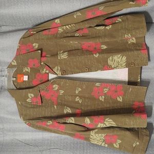 Hearts of Palm Brown Denim Jacket with Tropical Flower & Handwriting print Sz 16